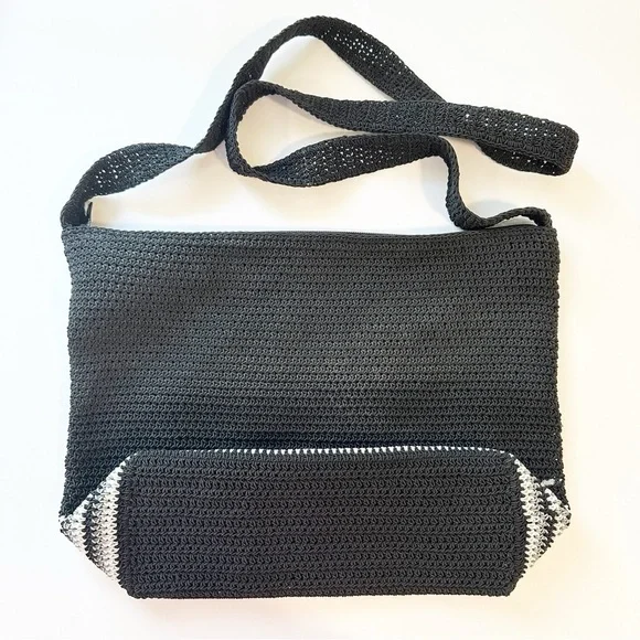 Vintage Crochet Woven Hobo Hippie Festival Stripe Black Shoulder Bag Purse - Picture 6 of 6